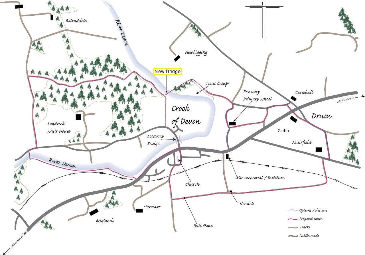 Map showing Fossoway School Millenium Walk around Crook of Devon, Drum and Rumbling Bridge, including location of the new bridge over the River Devon